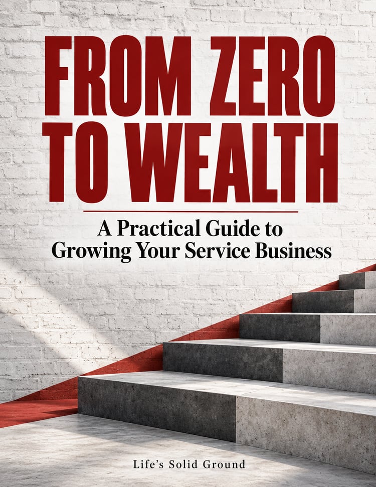From Zero to Wealth book cover with bold dark red lettering, a white brick background, ascending charcoal and white steps, and a red path beside the steps.