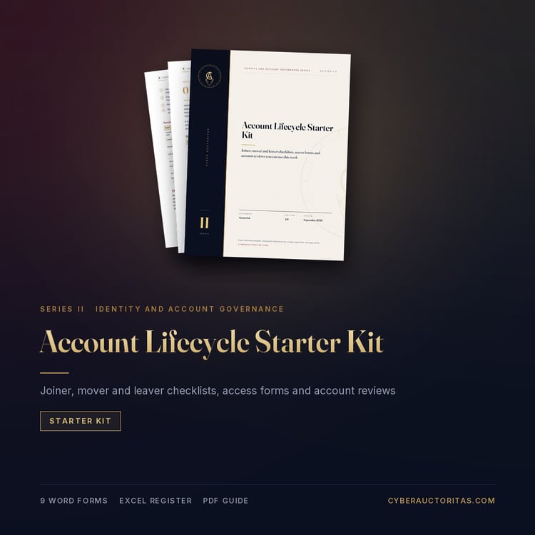 Account Lifecycle Starter Kit: cover and sample pages of the guide, Cyber Auctoritas Identity and Account Governance series
