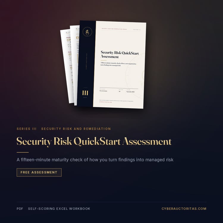 Security Risk QuickStart Assessment: cover and sample pages of the guide, Cyber Auctoritas Security Risk and Remediation series