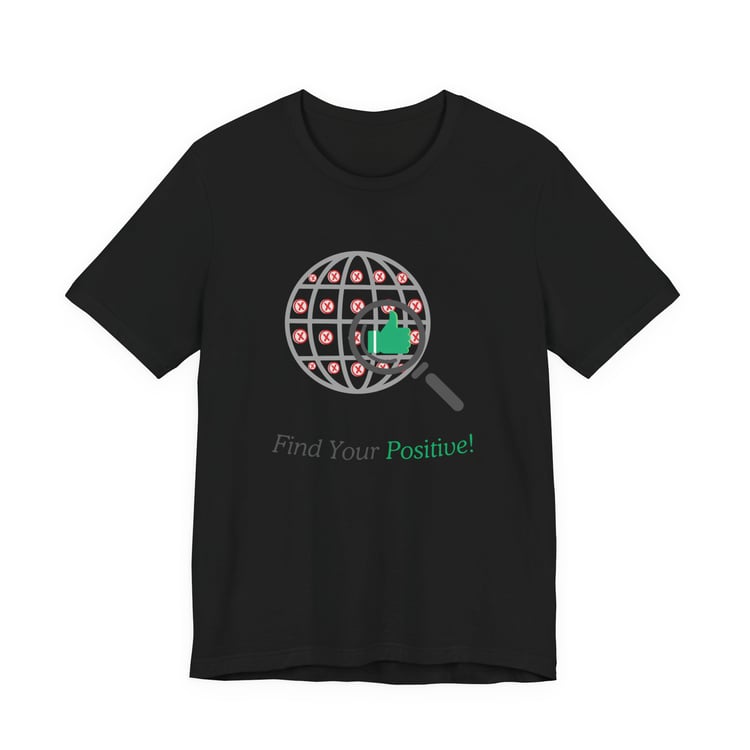 Front view of the ‘Find Your Positive’ graphic tee showing the globe and magnifying glass design.