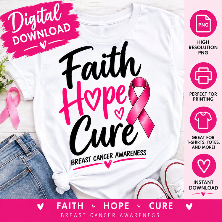 Faith Hope Cure breast cancer awareness design featuring bold black and pink lettering, a pink breast cancer awareness ribbon, hearts, and a white background.”