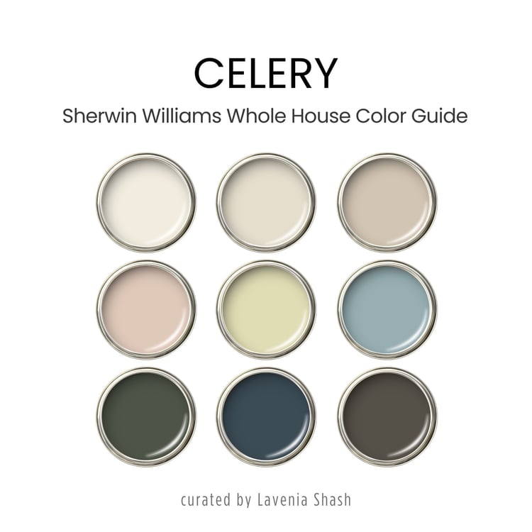Sherwin Williams Color Of The Year Celery color palette. Coordinating and complementary colors of white, light neutrals, blush pink, aqua blue, dark blue, dark green, dark and gray-brown for the whole house interior. Curated by Colors by Lavenia Shash