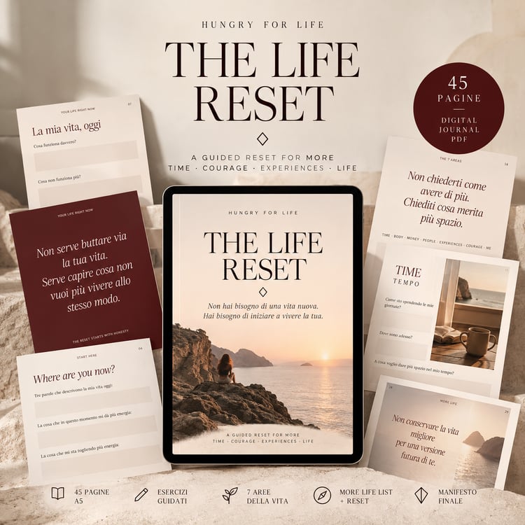 The Life Reset di Hungry for Life, journal guidato digitale PDF di 45 pagine per crescita personale e reset della propria vita.