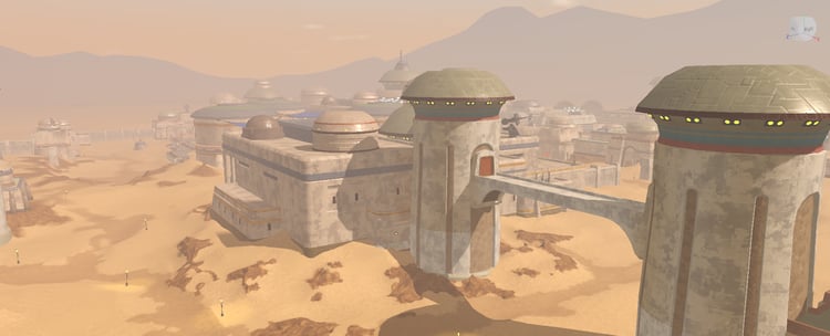 Futuristic desert city with domed buildings