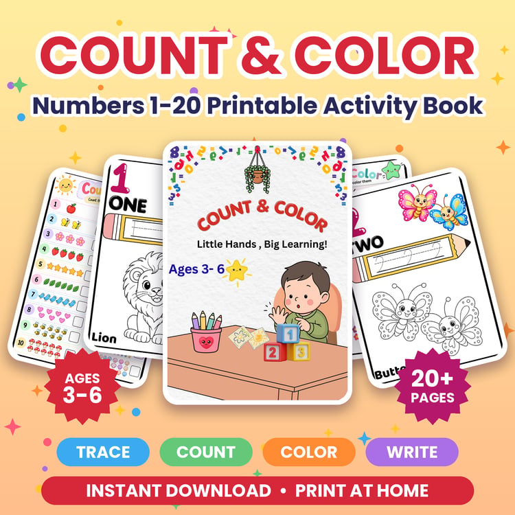 Count and Color Numbers 1–20 printable counting book for preschool and kindergarten children ages 3–6