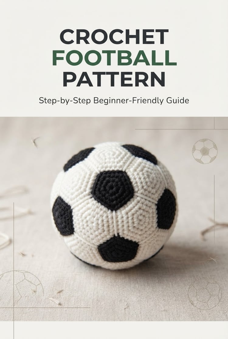 Crochet Football Pattern PDF cover featuring a handmade crocheted football