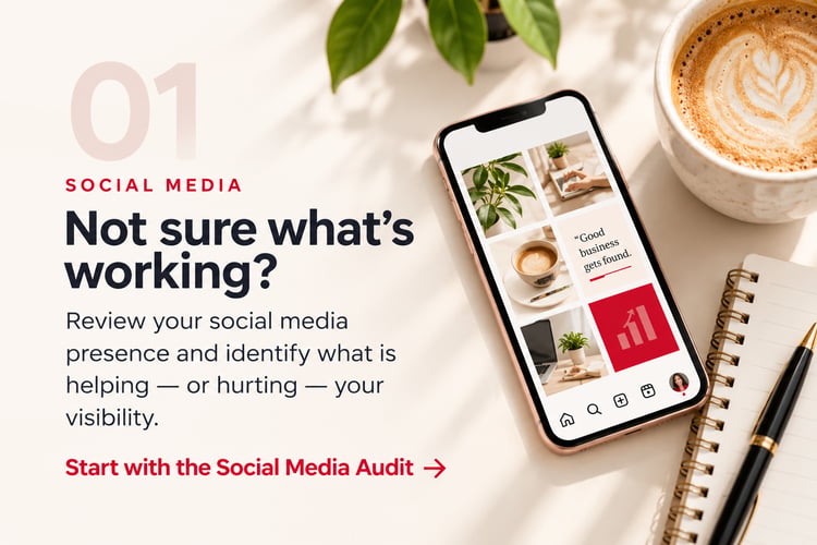 01 Social Media: Social media visibility resource for small business, showing a smartphone, coffee, notebook and workspace with guidance to review what is helping or hurting online visibility.