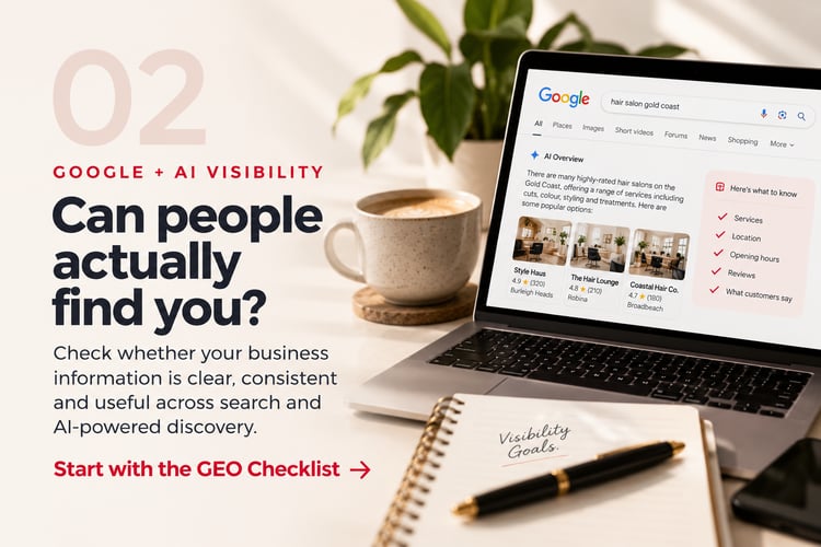 02 Google + AI Visibility: Google and AI visibility resource for small business, showing a laptop with search results, coffee and planning notes to help businesses improve search and AI-powered discovery.
