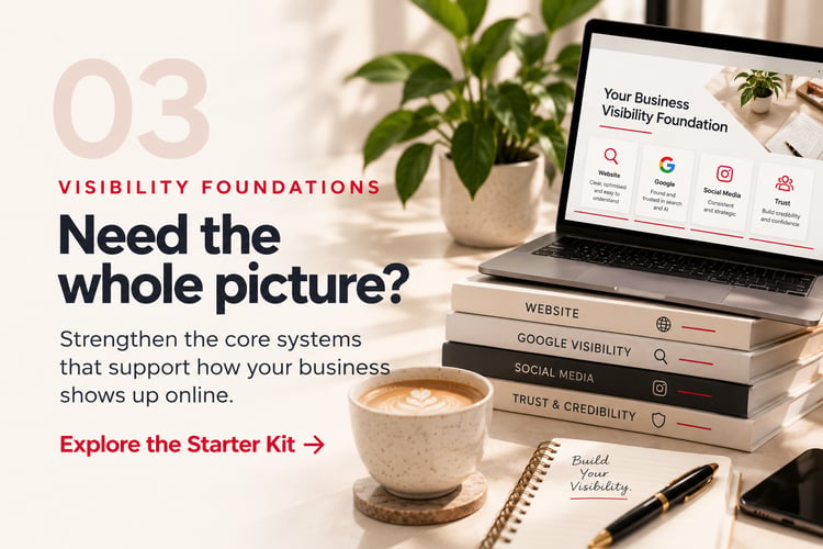 03 Visibility Foundations: Business visibility foundations resource showing a laptop, coffee, notebook and visibility framework covering website, Google, social media, trust and credibility.