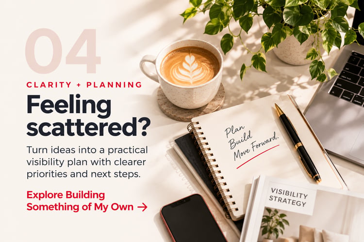 04 Clarity + Planning: Clarity and planning resource for small business, showing a laptop, coffee, notebook and pen with a practical visibility planning theme for clearer priorities and next steps.