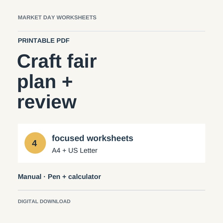 Craft Fair Plan + Review printable cover: four manual worksheets in A4 and US Letter for pen-and-calculator planning.