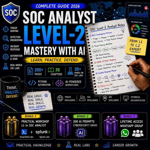 SOC Level-2 Analyst Complete Guide with practical labs, cybersecurity AI prompts, and lifetime community access