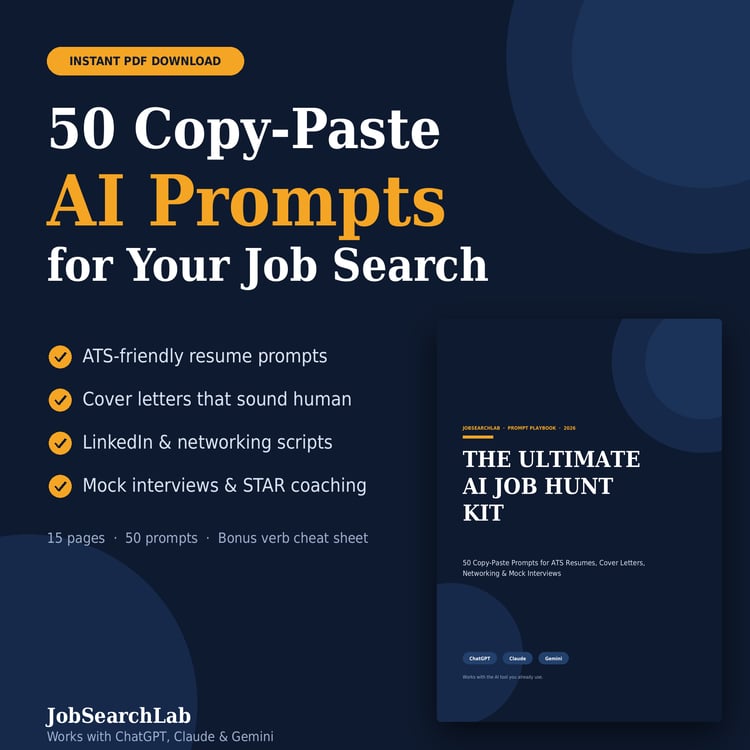 JobSearchLab AI Job Hunt Kit ebook cover: 50 copy-paste AI prompts for your job search