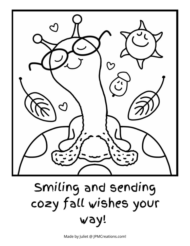 Cute Snail On A Mushroom Cozy Fall Wishes Coloring Page (With Text)