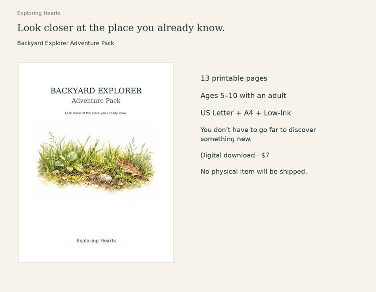 Backyard Explorer Adventure Pack from Exploring Hearts. Revised series cover with grass, leaf and stone watercolor artwork. Look closer at the place you already know.