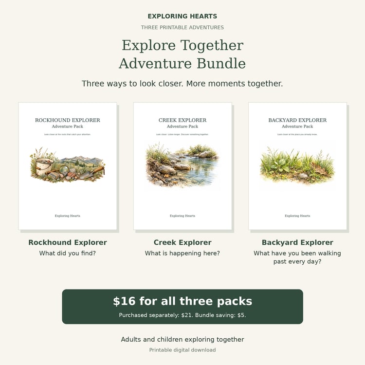 Explore Together Adventure Bundle from Exploring Hearts, showing the three actual revised series covers. Printable adventures for adults and children; $16 for three packs, saving $5.