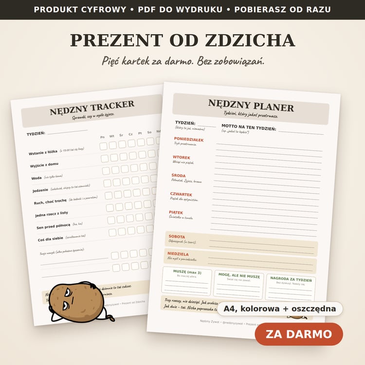 Prezent od Zdzicha: darmowy zestaw do druku. Dwie kartki A4, Nędzny Tracker i Nędzny Planer, obok leży Kartofel Zdzichu. Napis „za darmo”.