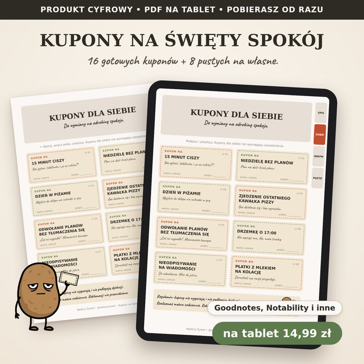 Kupony na Święty Spokój, wersja na tablet: strona „Kupony dla siebie” na ekranie tabletu, obok Kartofel Zdzichu z kuponem. Cena 14,99 zł.