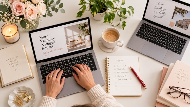Your Pages Are Unclear Small business website with vague headings and unclear page structure displayed on a laptop, beside a notebook and red pen, illustrating why unclear pages can limit search visibility.