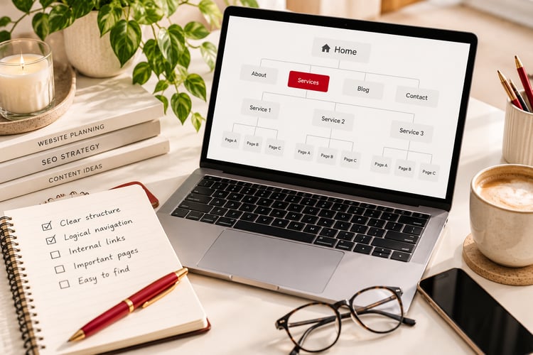 Important Pages Are Hard to Discover Laptop displaying a clear website sitemap with connected pages, beside SEO planning notes, illustrating how website structure, navigation and internal links help important content get discovered.