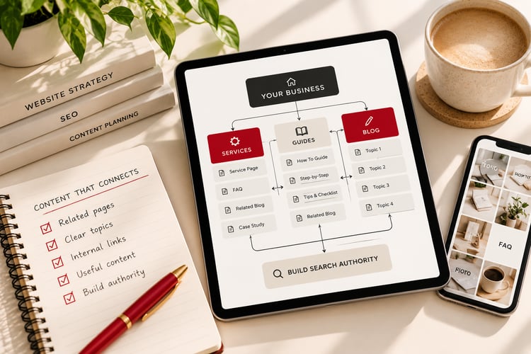 Your Content Has No Clear Topic Structure Tablet showing connected services, guides and blog topics leading to search authority, beside content planning notes, illustrating how related pages and internal links build topical SEO authority.