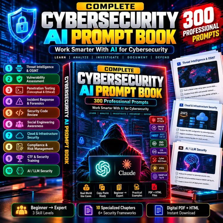 Cybersecurity AI Prompt Book featuring professional AI prompts for cybersecurity learning and security workflows