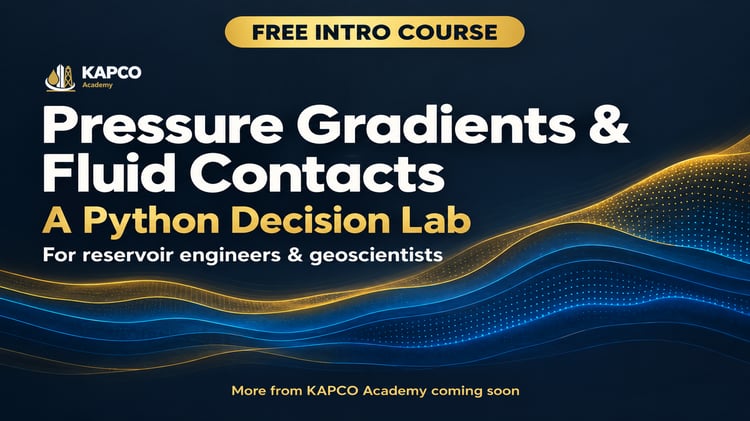 KAPCO Academy thumbnail titled “Pressure Gradients & Fluid Contacts: A Python Decision Lab,” with a free intro course badge, for reservoir engineers and geoscientists.