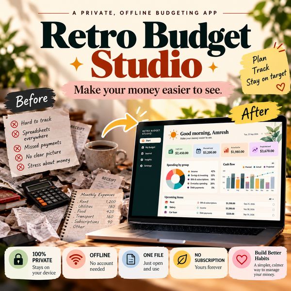 Retro Budget Studio offline budget planner dashboard showing cash position, income, outflows, spending, and budget progress
