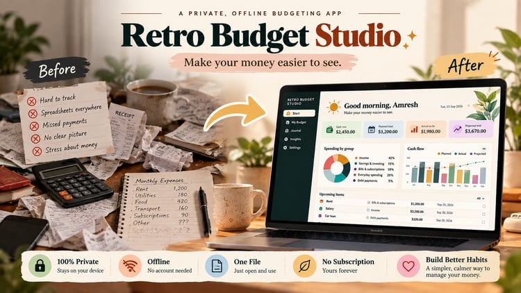 Retro Budget Studio budget planner showing income, savings, bills, everyday spending, and debt budget categories