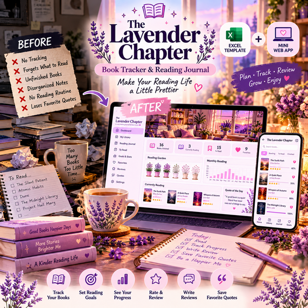 The Lavender Chapter digital reading tracker dashboard showing reading statistics, goals, and visual reading progress