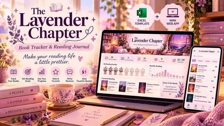 The Lavender Chapter Excel book tracker showing personal library, reading status, ratings, dates, and book details