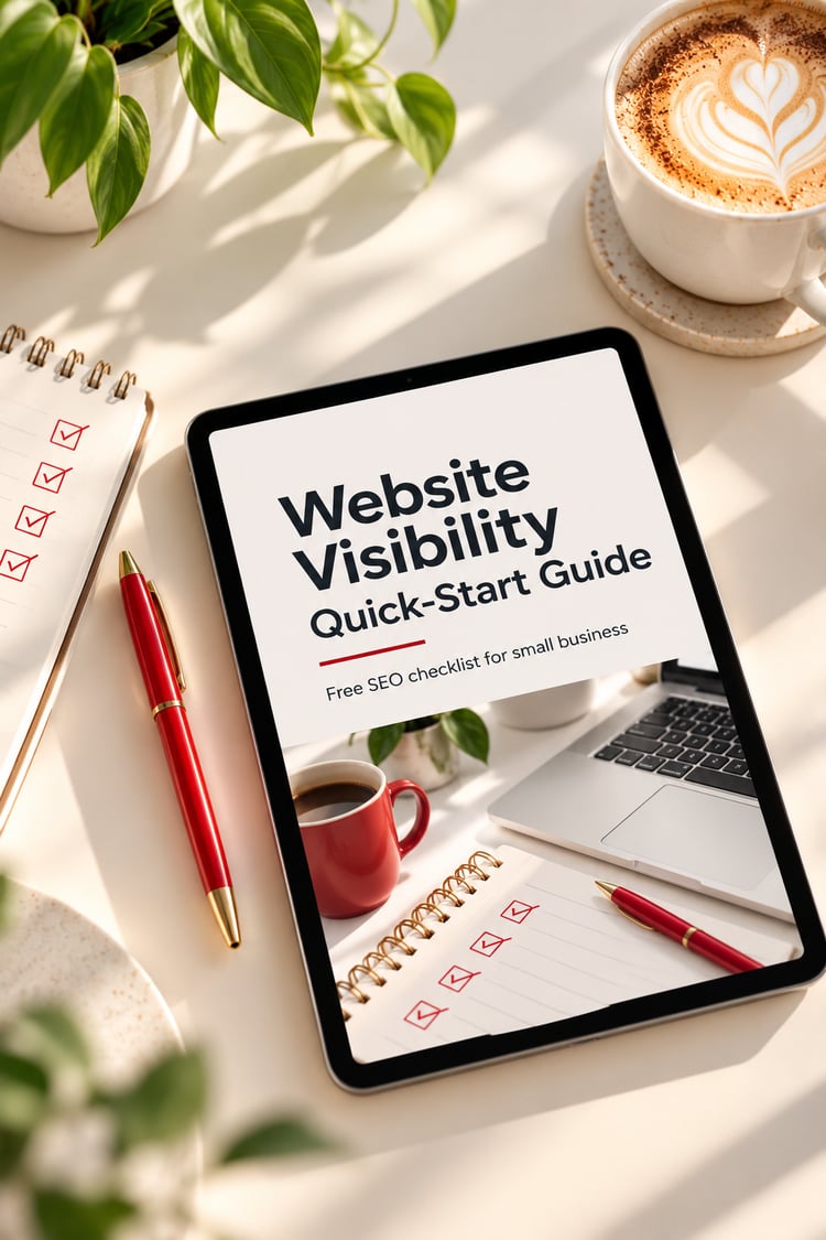 A bright, premium editorial flat-lay on a warm cream desk. A single tablet lies at a slight angle, showing a clean PDF guide cover. The cover has a cream background with a bold charcoal headline reading "Website Visibility Quick-Start Guide", a thin red underline beneath it, and a small line reading "Free SEO checklist for small business".