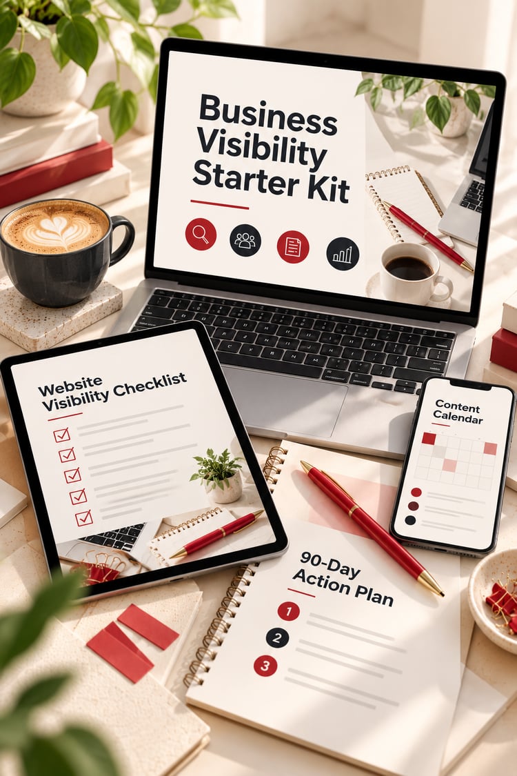 A bright, premium editorial flat-lay on a warm cream desk showing a complete digital toolkit. A laptop in the centre displays a clean workbook page, with a tablet at an angle beside it showing a checklist, and a phone showing a simple social media content calendar.