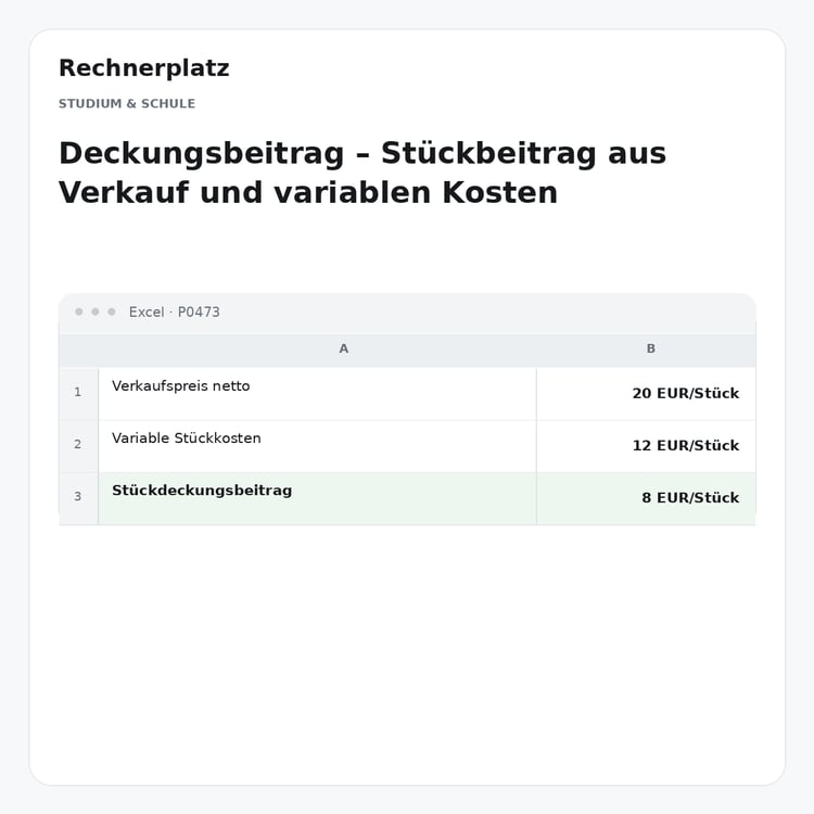 Rechnerplatz – Deckungsbeitrag – Stückbeitrag aus Verkauf und variablen Kosten, Excel-Übersicht mit Eingaben und Ergebnis.