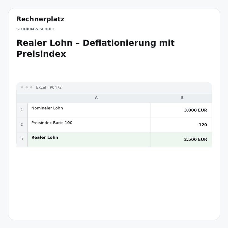 Rechnerplatz – Realer Lohn – Deflationierung mit Preisindex, Excel-Übersicht mit Eingaben und Ergebnis.