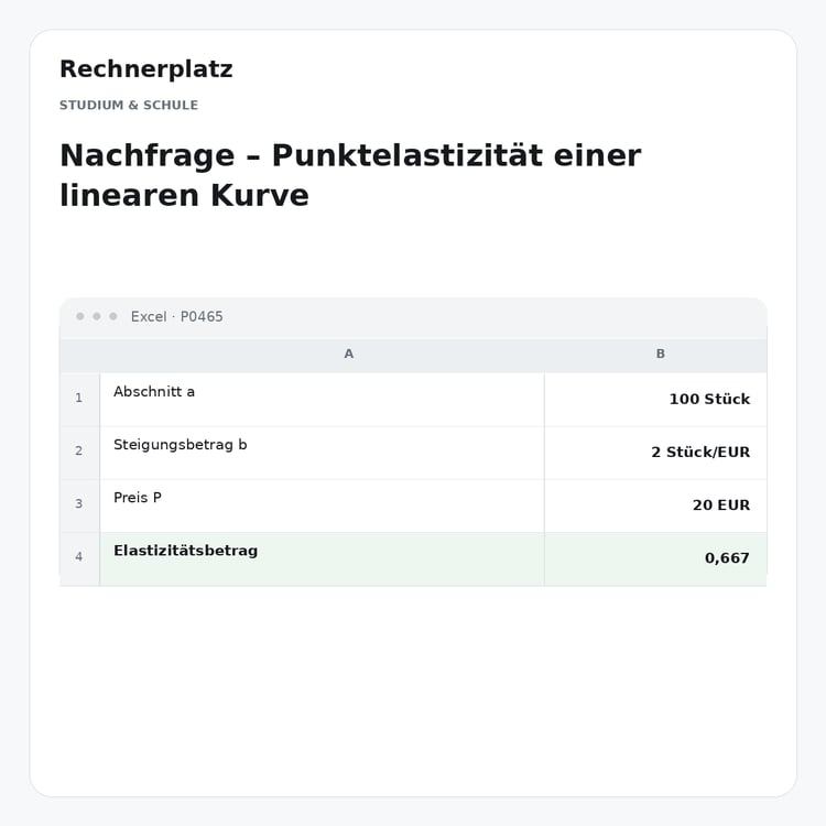 Rechnerplatz – Nachfrage – Punktelastizität einer linearen Kurve, Excel-Übersicht mit Eingaben und Ergebnis.