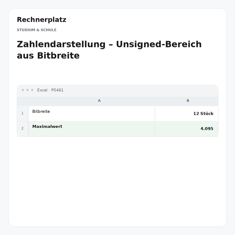 Rechnerplatz – Zahlendarstellung – Unsigned-Bereich aus Bitbreite, Excel-Übersicht mit Eingaben und Ergebnis.