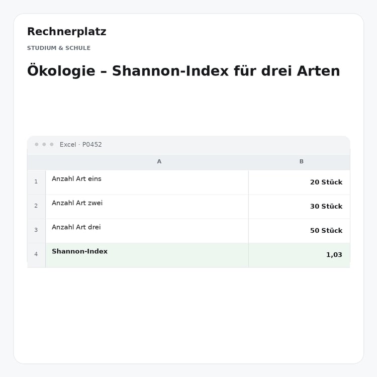 Rechnerplatz – Ökologie – Shannon-Index für drei Arten, Excel-Übersicht mit Eingaben und Ergebnis.