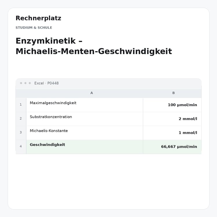 Rechnerplatz – Enzymkinetik – Michaelis-Menten-Geschwindigkeit, Excel-Übersicht mit Eingaben und Ergebnis.