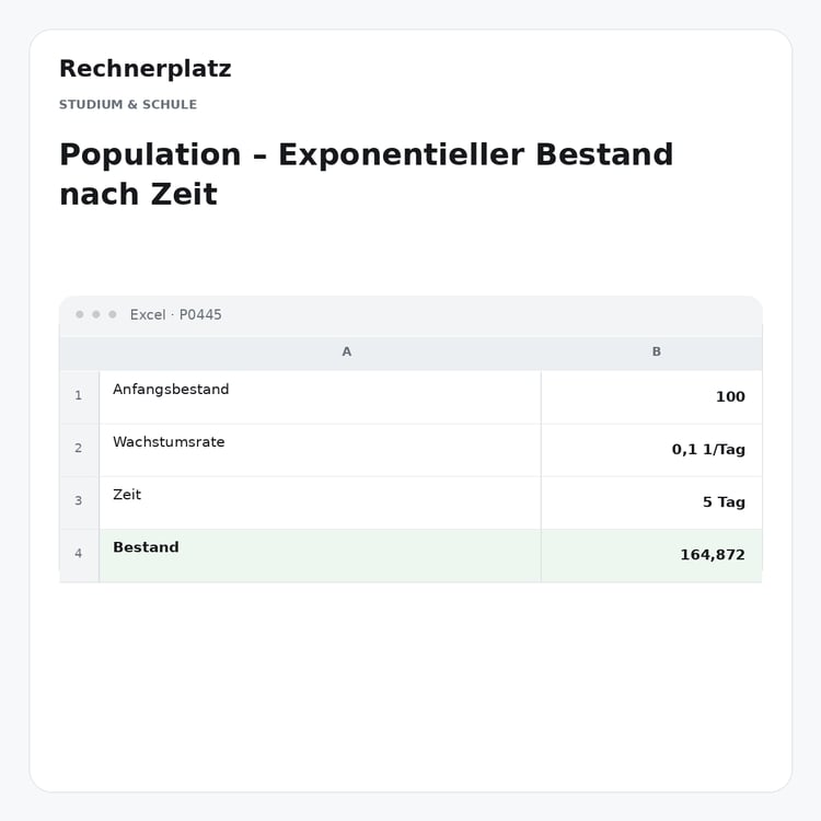 Rechnerplatz – Population – Exponentieller Bestand nach Zeit, Excel-Übersicht mit Eingaben und Ergebnis.