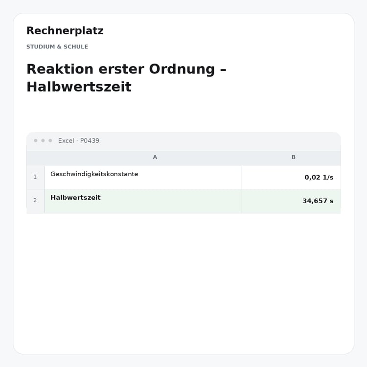 Rechnerplatz – Reaktion erster Ordnung – Halbwertszeit, Excel-Übersicht mit Eingaben und Ergebnis.