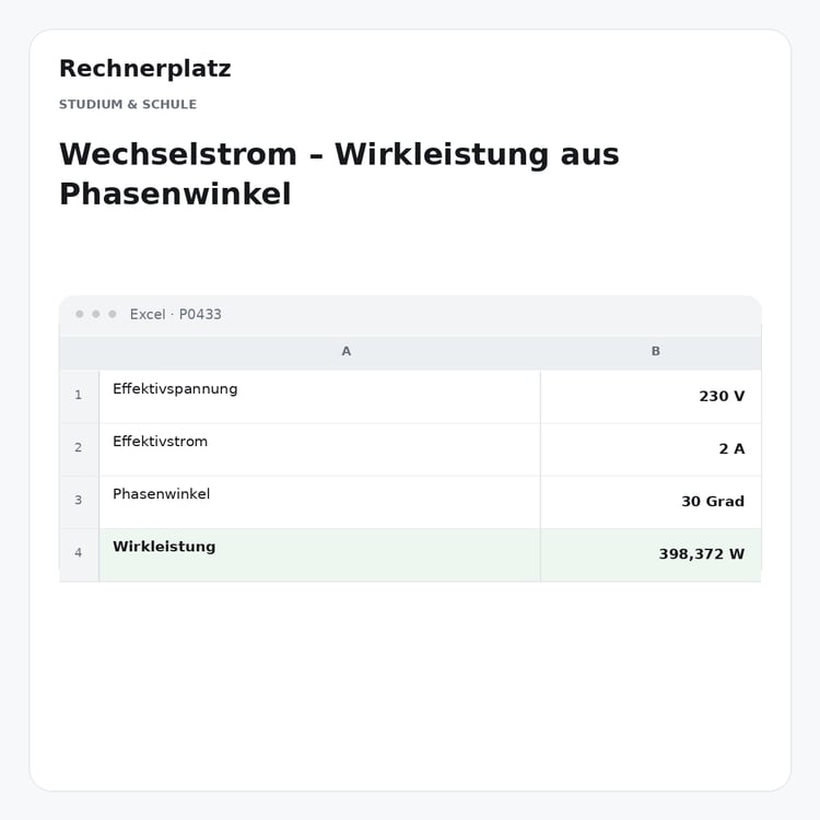 Rechnerplatz – Wechselstrom – Wirkleistung aus Phasenwinkel, Excel-Übersicht mit Eingaben und Ergebnis.