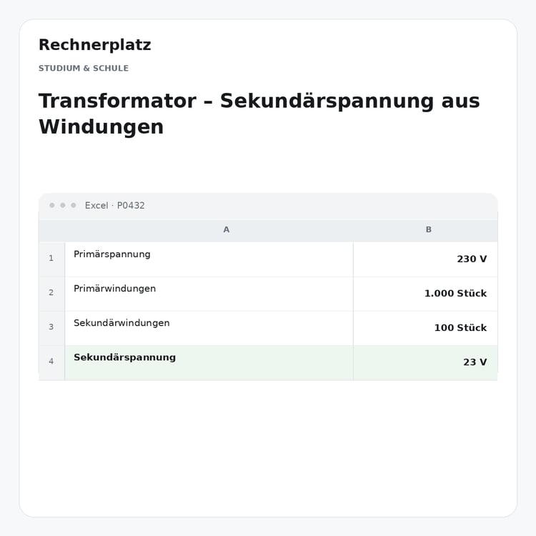 Rechnerplatz – Transformator – Sekundärspannung aus Windungen, Excel-Übersicht mit Eingaben und Ergebnis.
