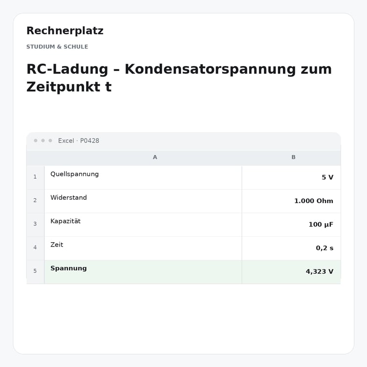 Rechnerplatz – RC-Ladung – Kondensatorspannung zum Zeitpunkt t, Excel-Übersicht mit Eingaben und Ergebnis.