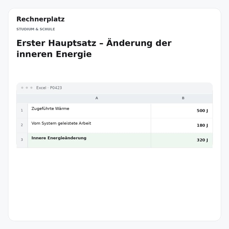 Rechnerplatz – Erster Hauptsatz – Änderung der inneren Energie, Excel-Übersicht mit Eingaben und Ergebnis.