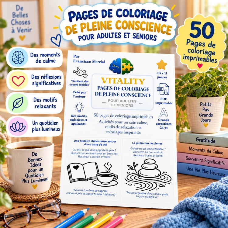 Pages de coloriage de pleine conscience pour adultes et seniors, grands caractères, activité de relaxation et de réflexion
