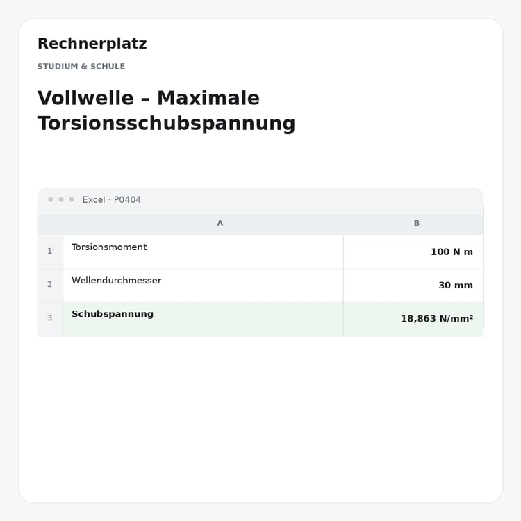 Rechnerplatz – Vollwelle – Maximale Torsionsschubspannung, Excel-Übersicht mit Eingaben und Ergebnis.