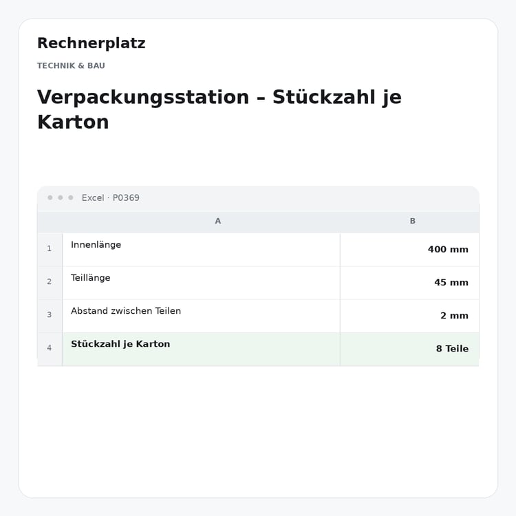 Rechnerplatz – Verpackungsstation – Stückzahl je Karton, Excel-Übersicht mit Eingaben und Ergebnis.