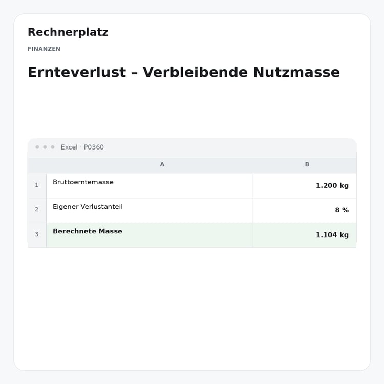 Rechnerplatz – Ernteverlust – Verbleibende Nutzmasse, Excel-Übersicht mit Eingaben und Ergebnis.