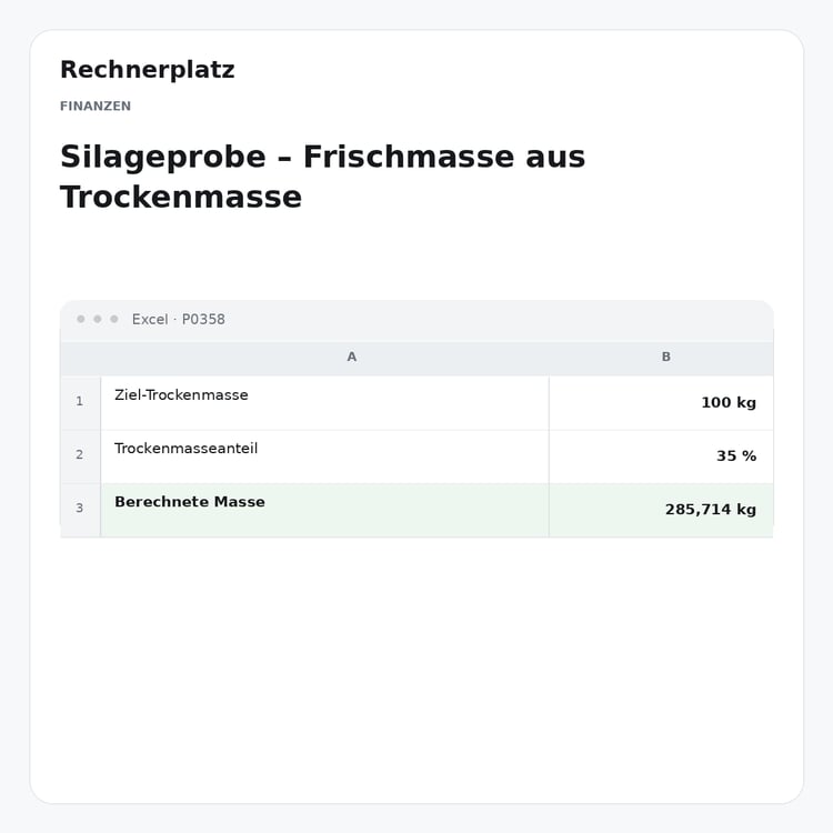 Rechnerplatz – Silageprobe – Frischmasse aus Trockenmasse, Excel-Übersicht mit Eingaben und Ergebnis.